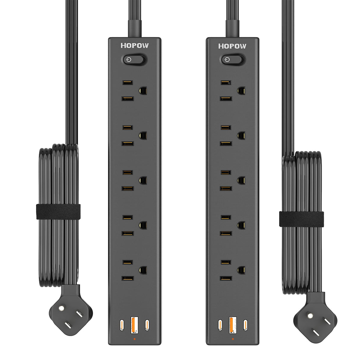 HOPOW front view of power strip showing outlets and USB for organized charging