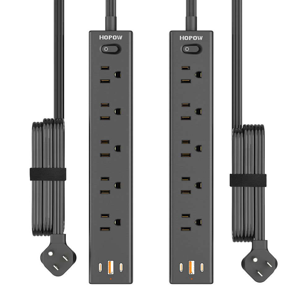 HOPOW front view of power strip showing outlets and USB for organized charging
