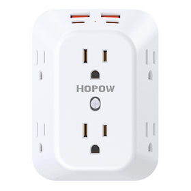 HOPOW outlet extender front view with 6 outlets and 4 USB ports for versatile charging.