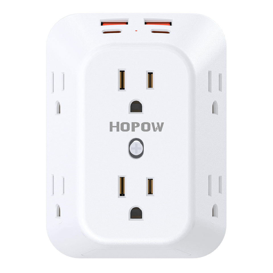 HOPOW outlet extender front view with 6 outlets and 4 USB ports for versatile charging.