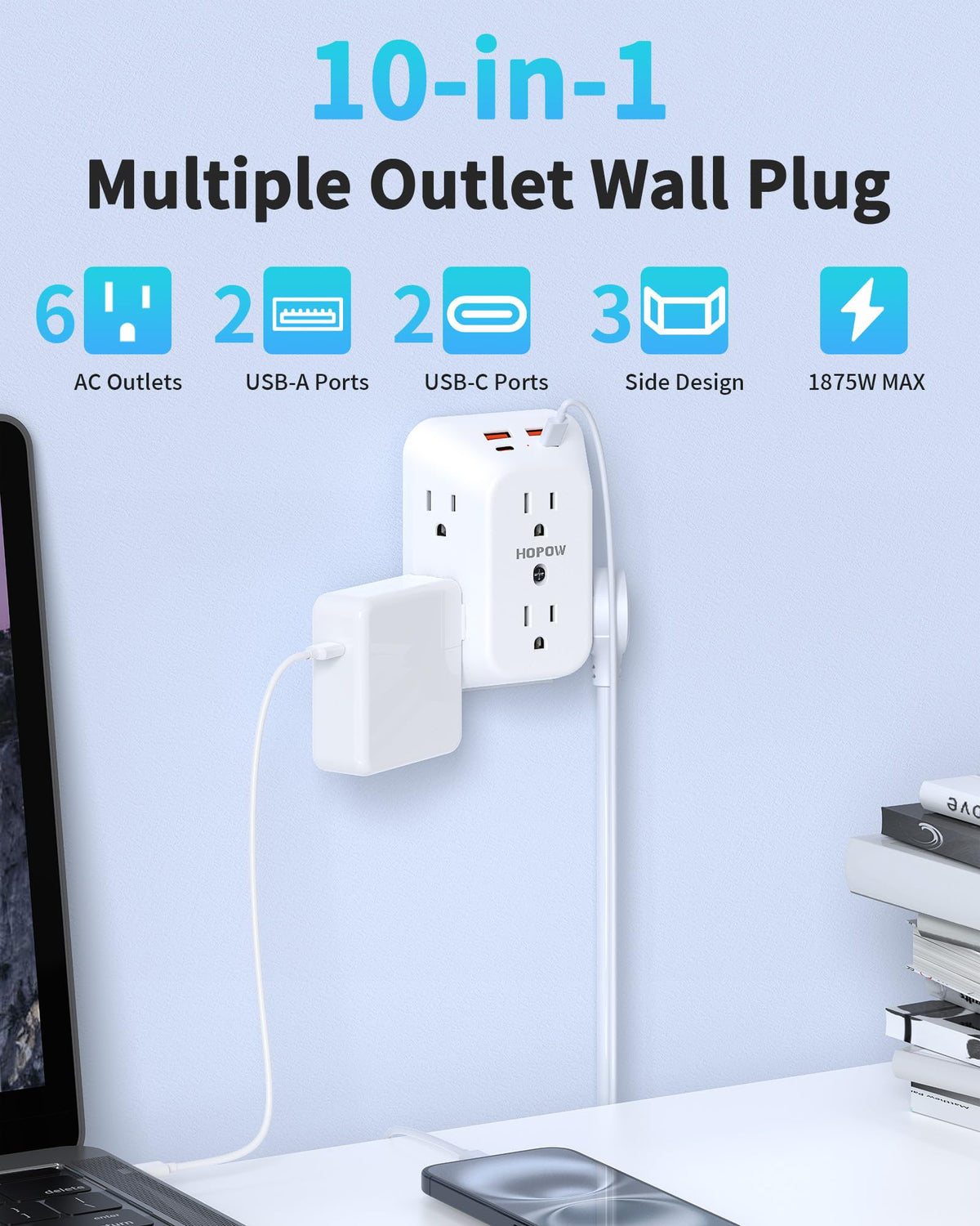 HOPOW outlet extender side view highlighting compact footprint for travel and small spaces.