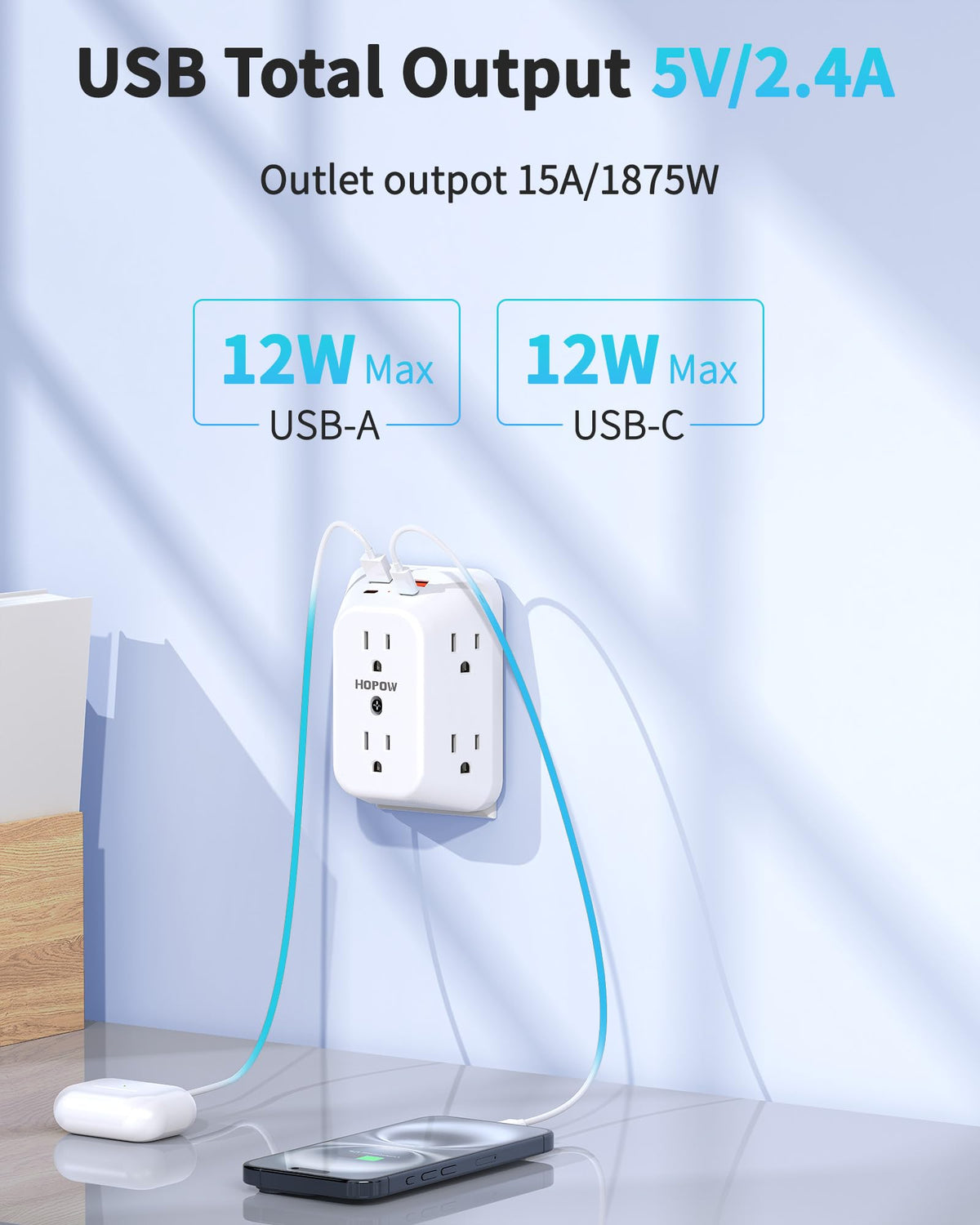 HOPOW outlet extender wall-mount bracket shown for secure, stable installation.