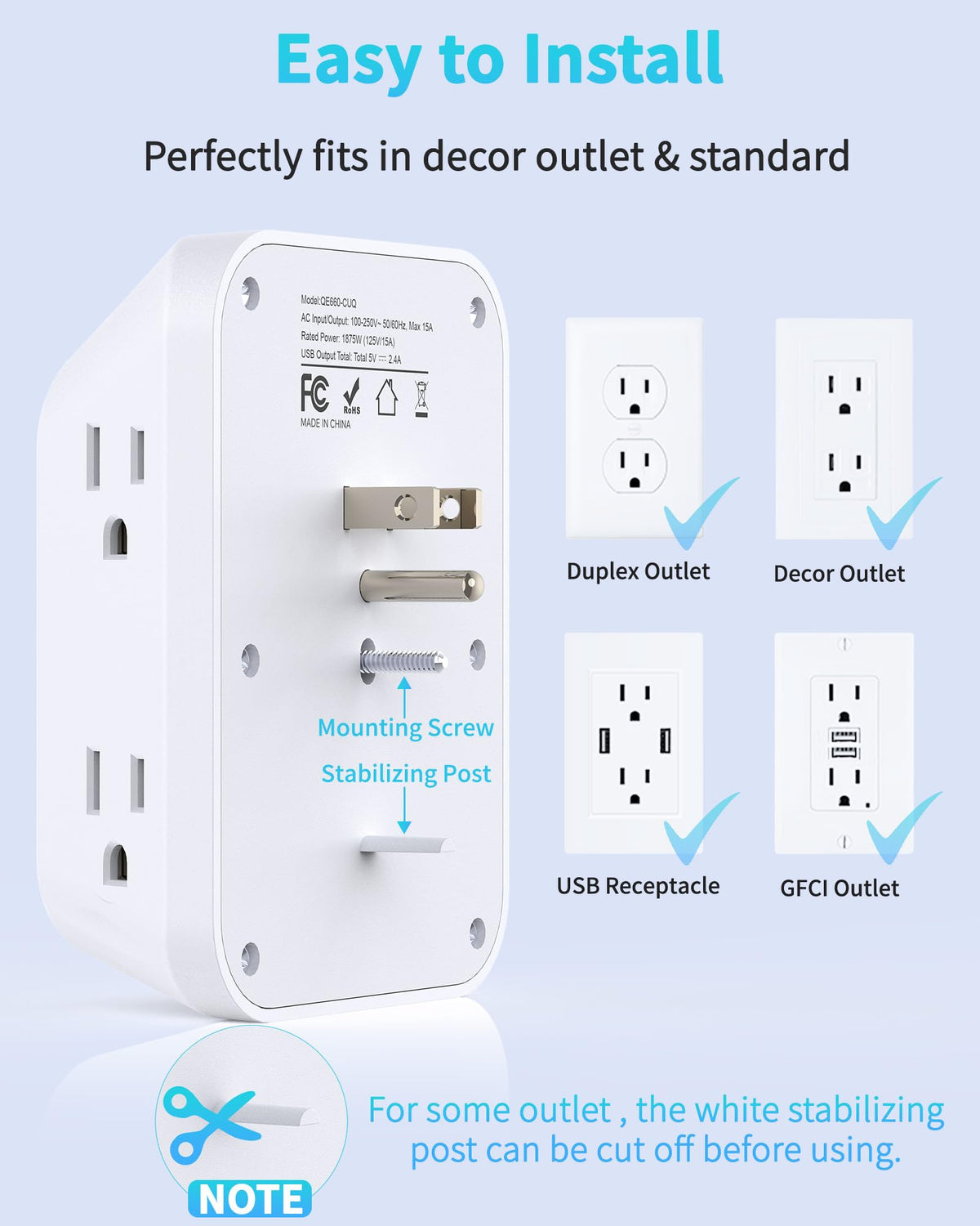 Hopow wide-spaced outlets design enables large plugs without blocking others.