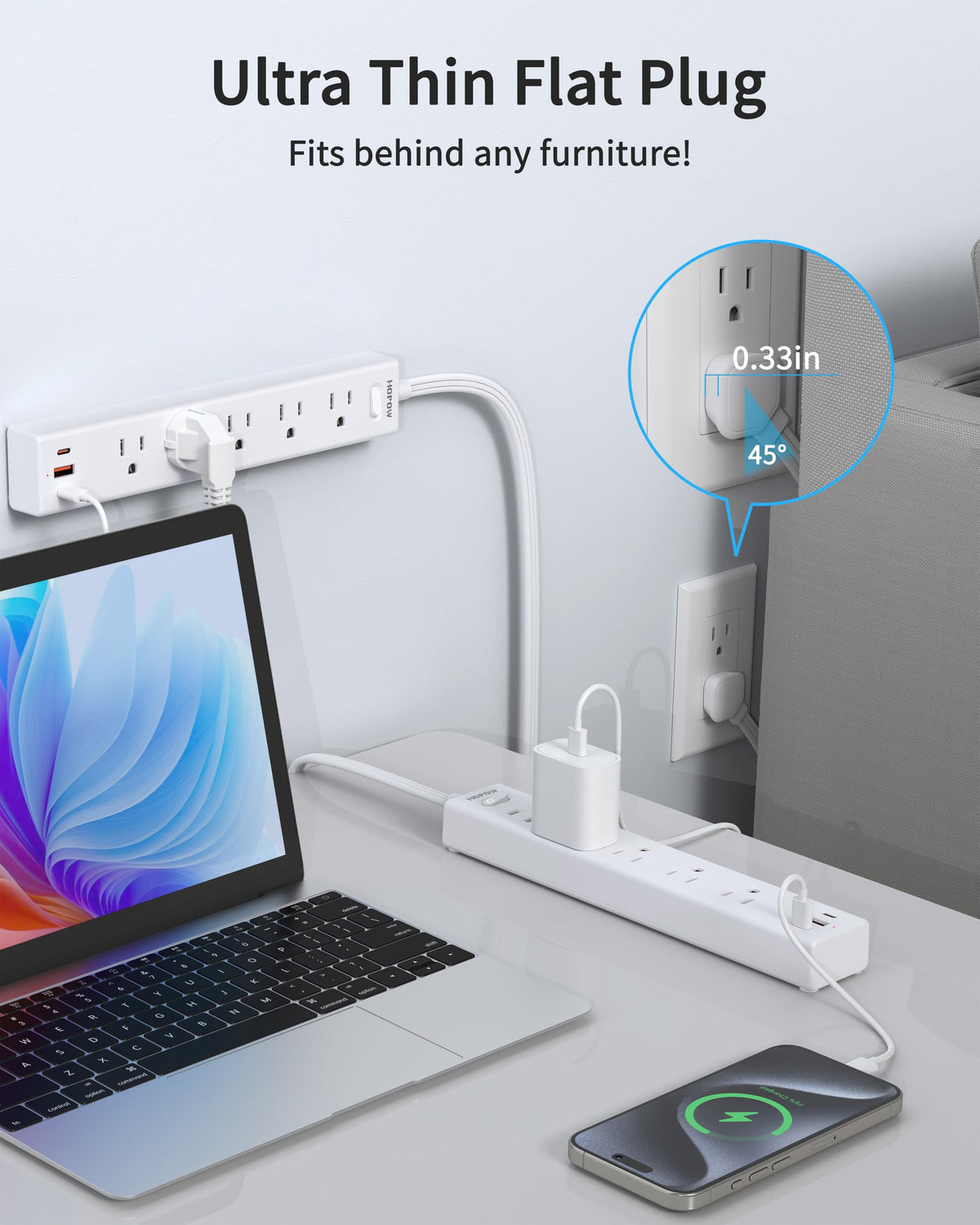 HOPOW detail of five outlets and three USB ports enabling eight-device use