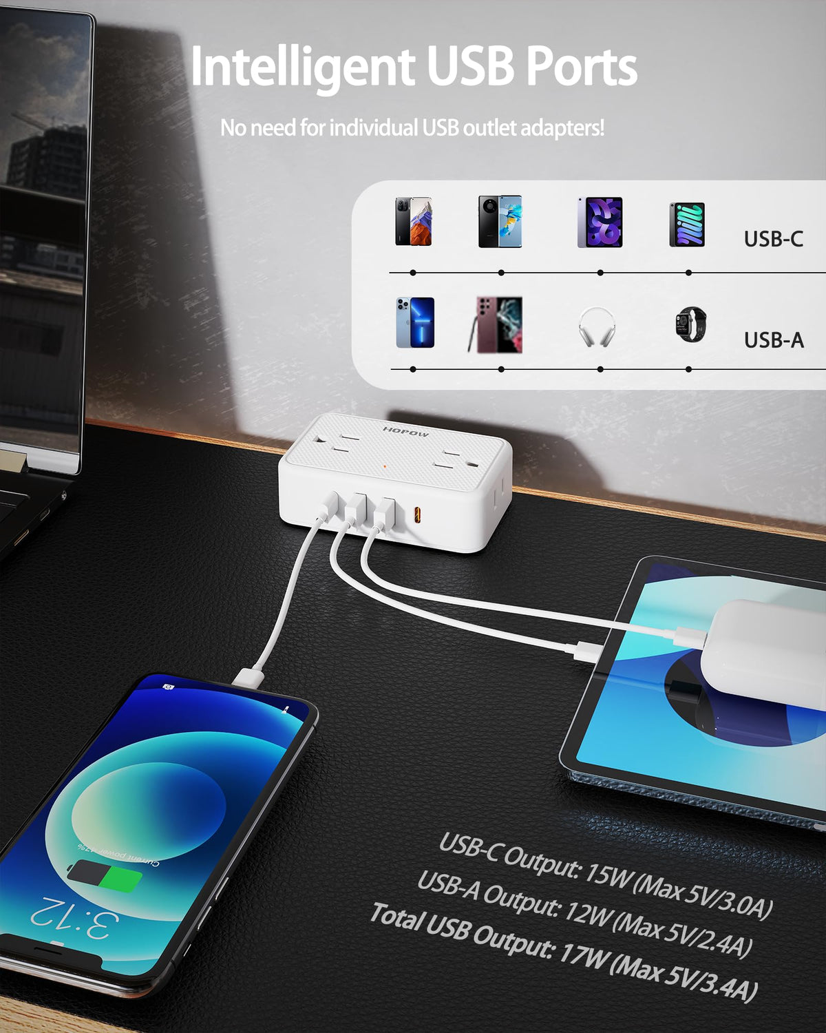 HOPOW ultra-thin angled plug and 10ft flat cord for discreet routing and space saving