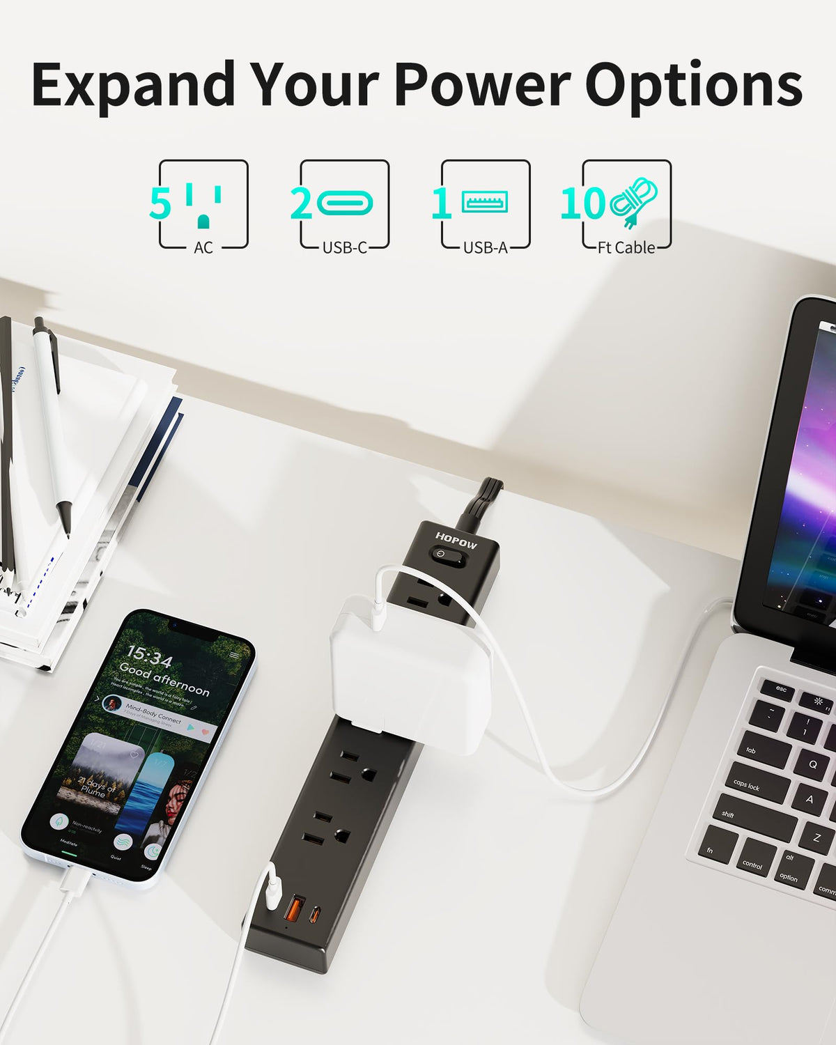 HOPOW Power Strip offers five outlets and three USB ports for versatile charging.