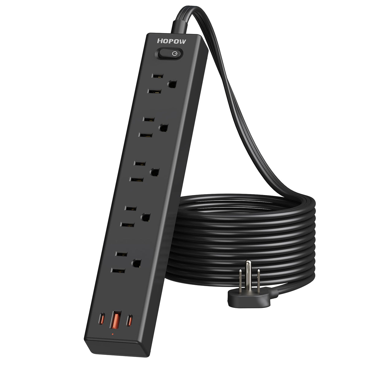 HOPOW Power Strip with flat plug for easy wall access and compact setup.