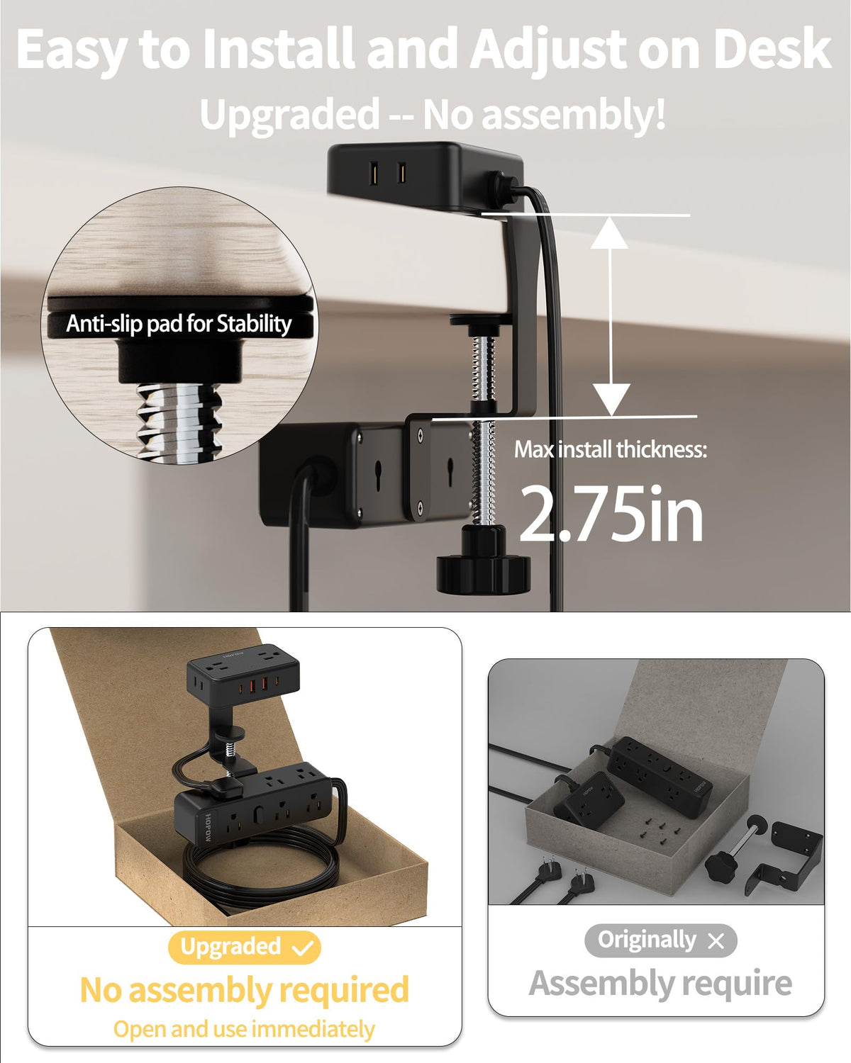 HOPOW side profile highlighting clamp mechanism and anti-slip pads for stability