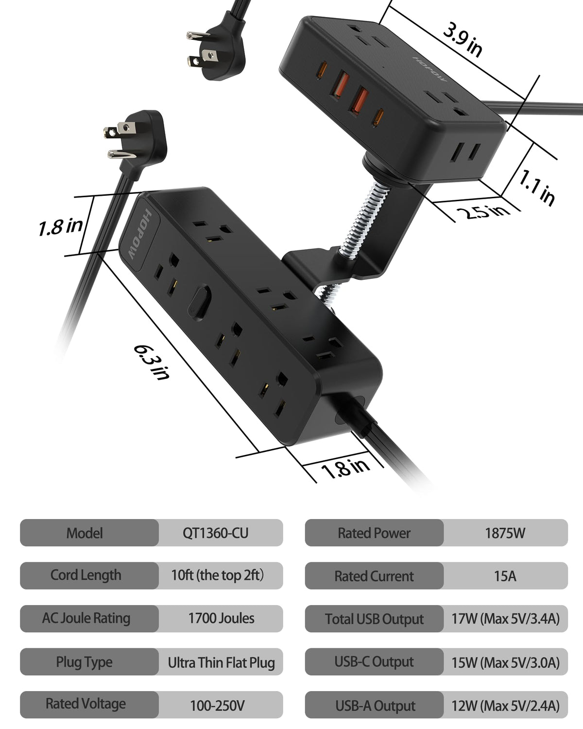 HOPOW next to notebook showing 10 ft flat cord length and flexible cable placement