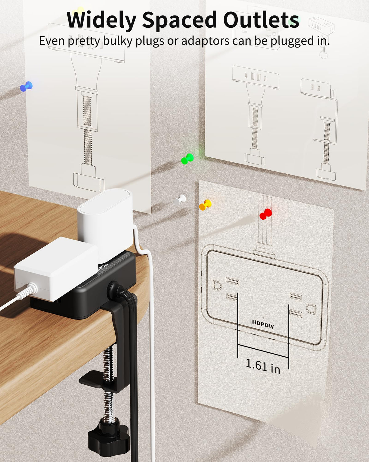 HOPOW size comparison beside ruler showing clamp fits up to 2.75 inch tabletop thickness