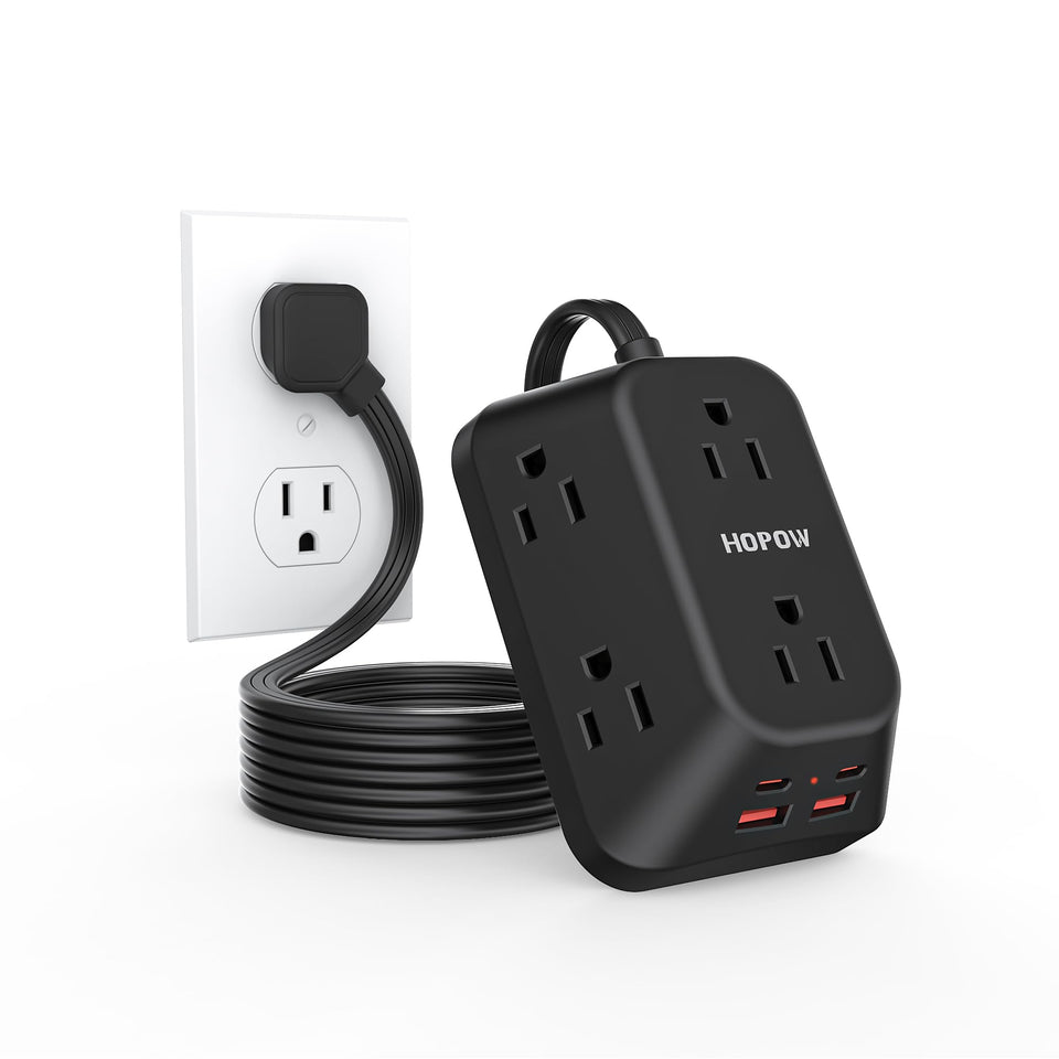 HOPOW surge protector with six outlets and four USB ports for multi-device charging