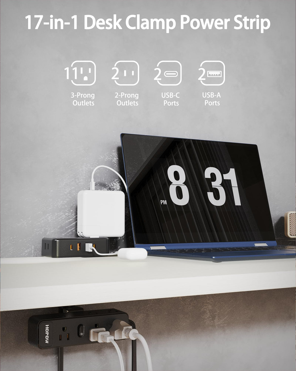 HOPOW closeup of top outlets and USB ports for efficient multi-device charging