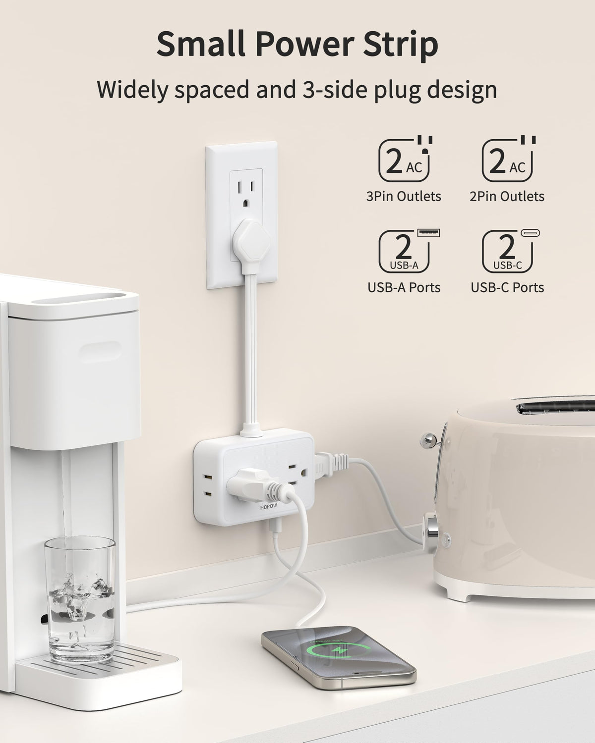 HOPOW ultra-thin flat plug fits flush against wall behind furniture.