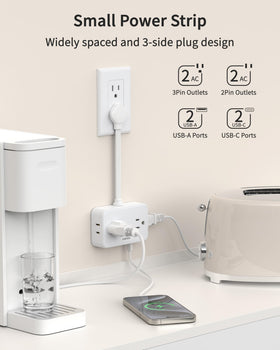 HOPOW ultra-thin flat plug fits flush against wall behind furniture.