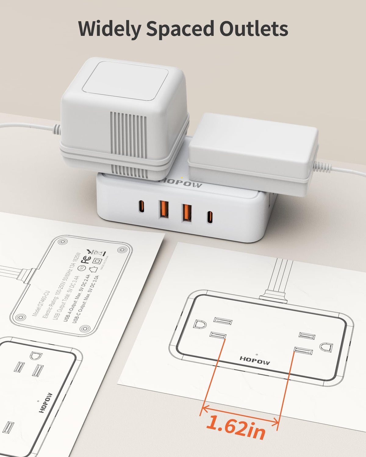 HOPOW ultra-thin plug fits tight wall sockets discreetly.