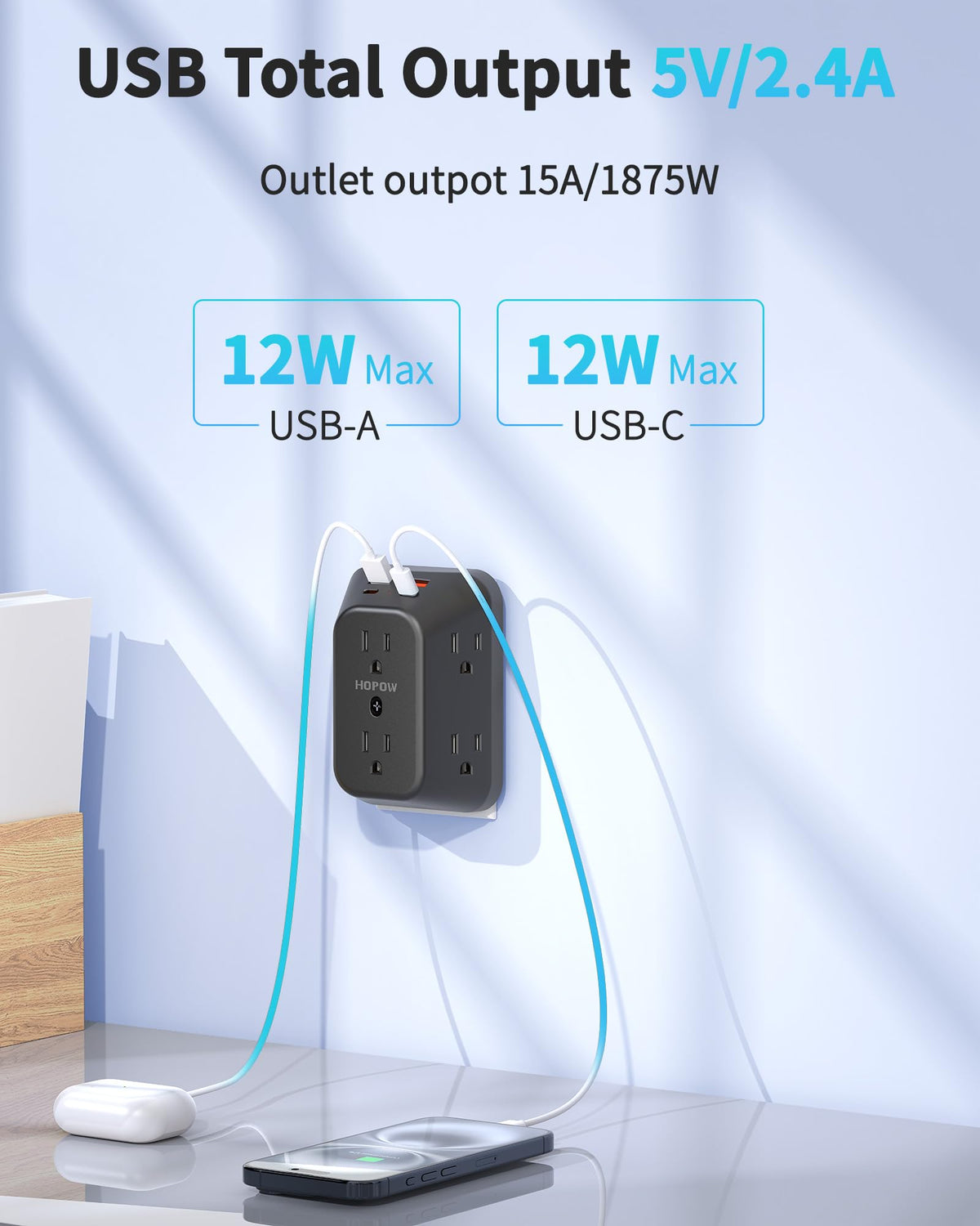 HOPOW USB-A and USB-C ports deliver steady power for everyday devices.