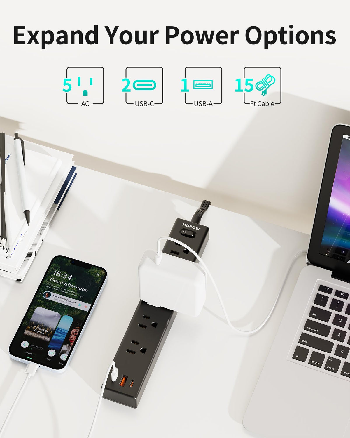 HOPOW close-up of USB ports including two USB-C for fast convenient charging