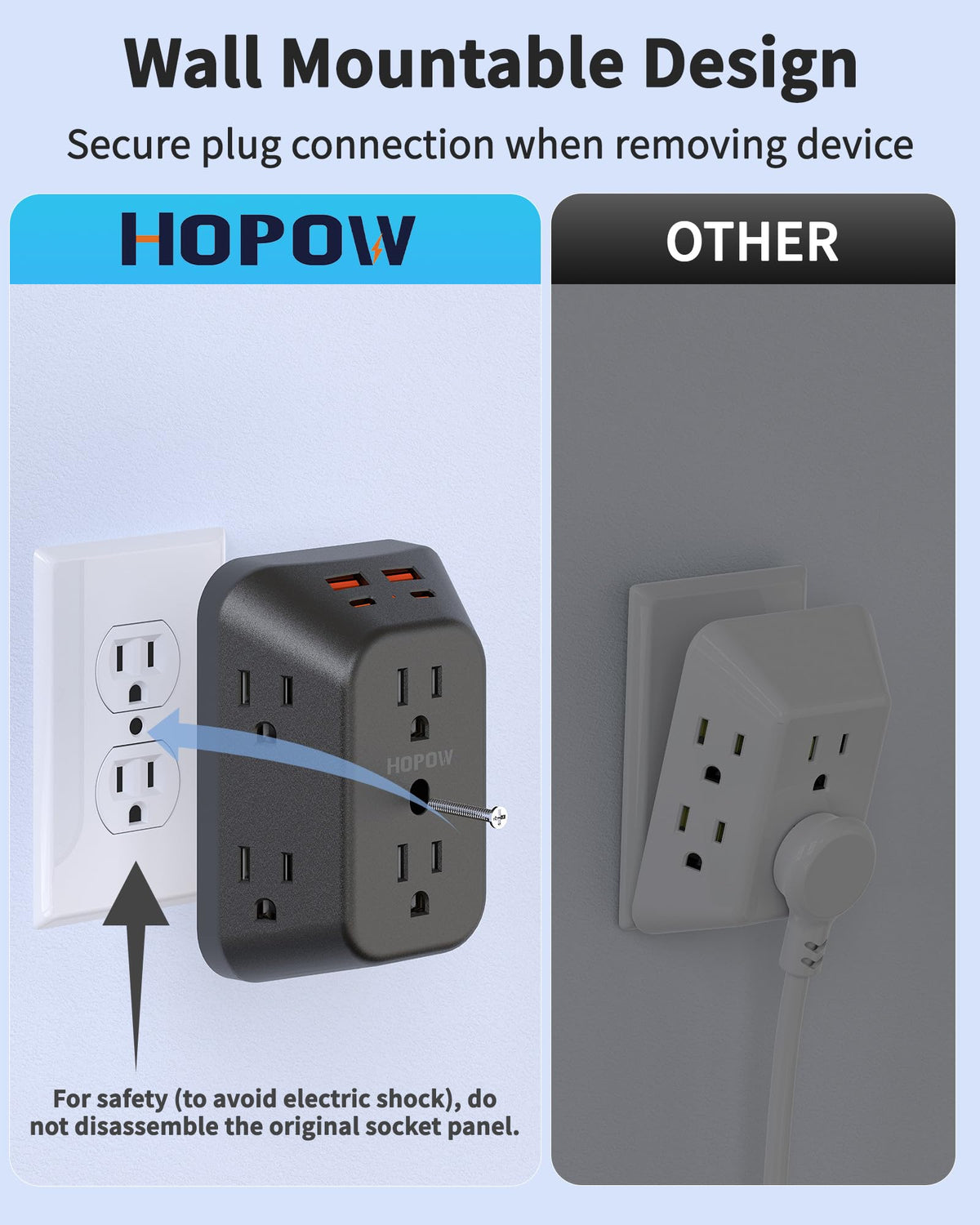 HOPOW wall-mount bracket keeps outlets secure and accessible.