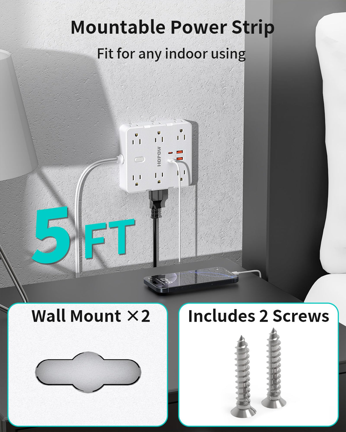HOPOW wall-mount design keeps desks and countertops tidy.