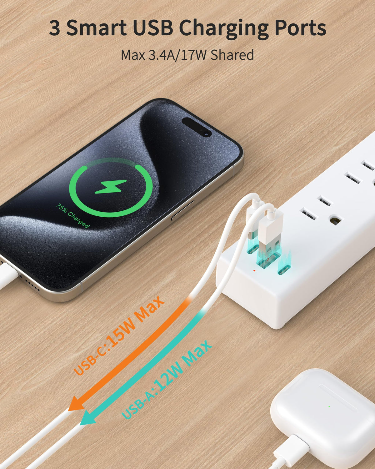 HOPOW wall-mountable power strip for desk or bedside use
