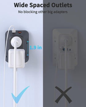 HOPOW wide outlet spacing helps plug large adapters without crowding.