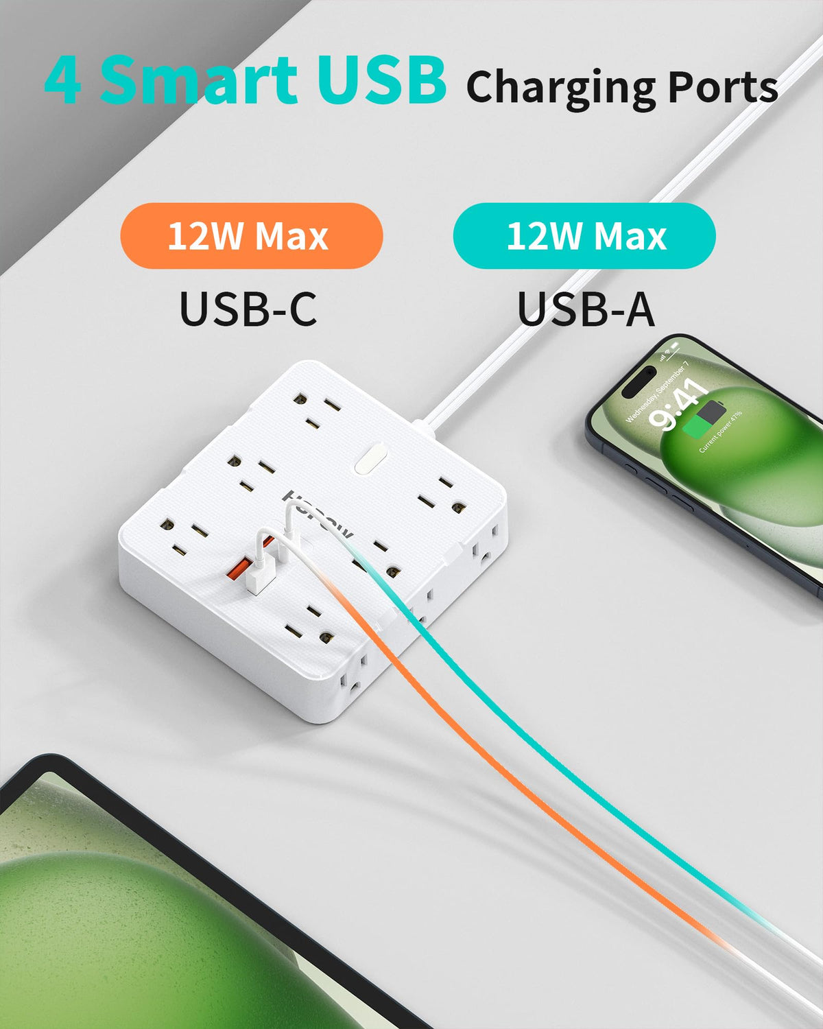 HOPOW wide-spaced outlets fit large adapters without blocking neighboring plugs.