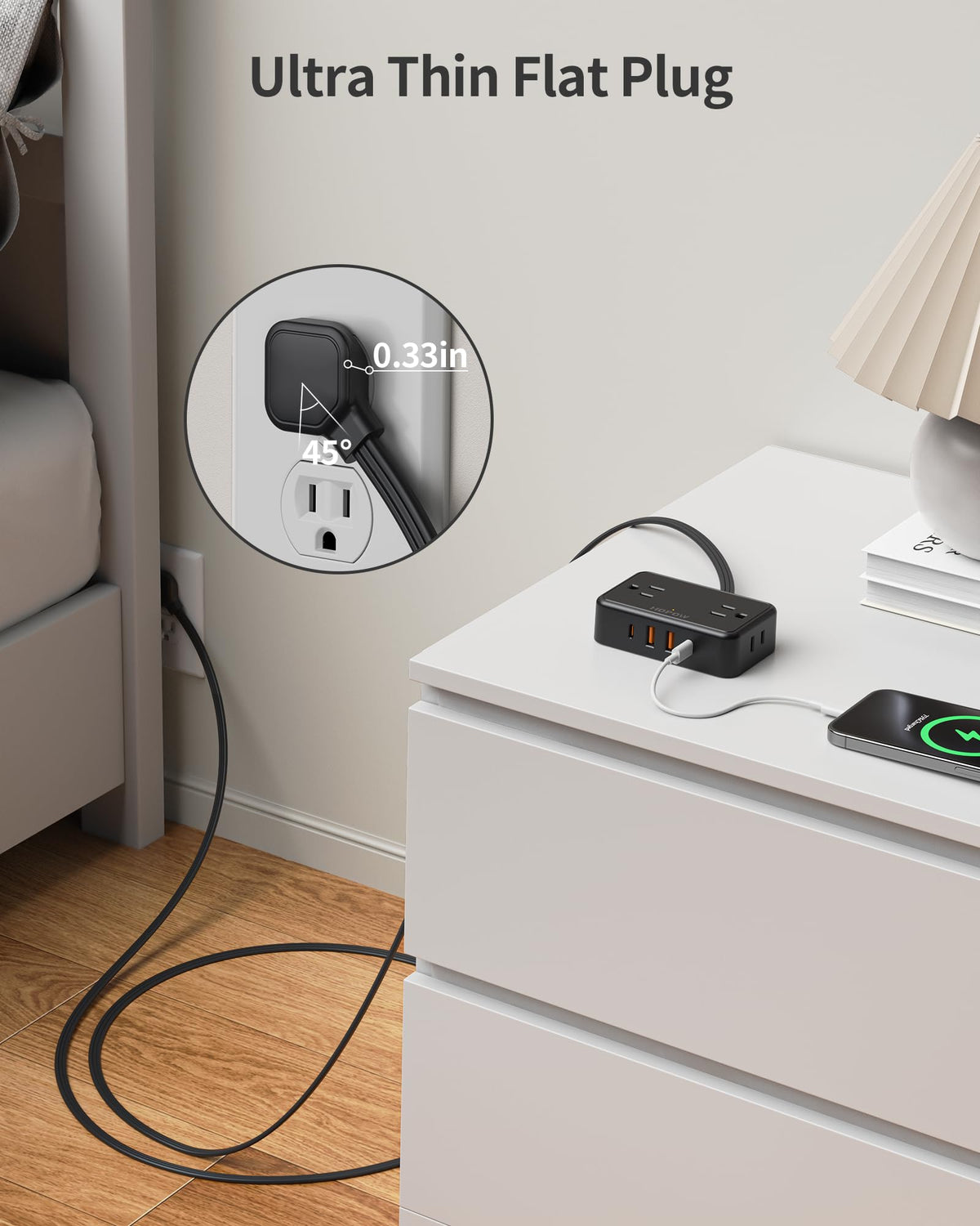 HOPOW wide-spaced outlets accommodate bulky adapters without crowding.