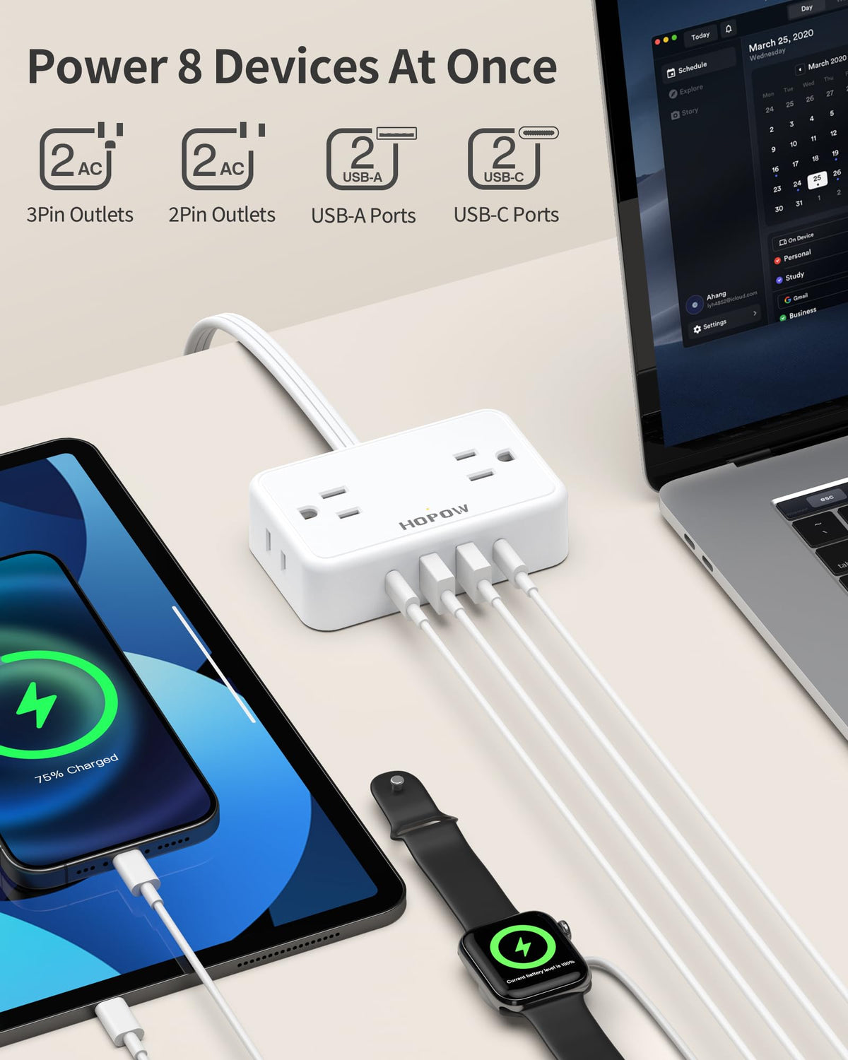 HOPOW wide-spaced outlets prevent bulky adapters from crowding.