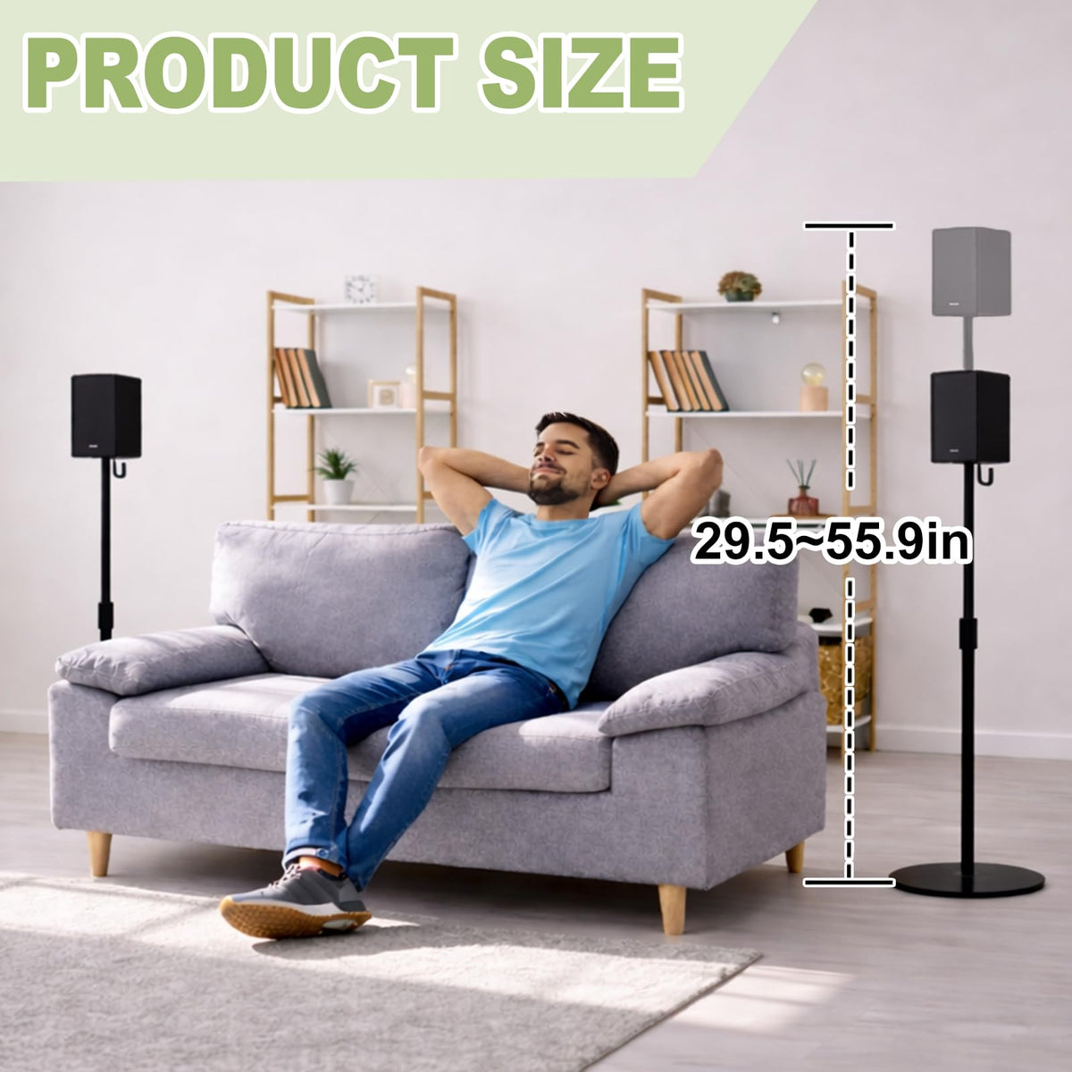 Center-position installation on Hoqqf stands enables flexible surround sound setup.