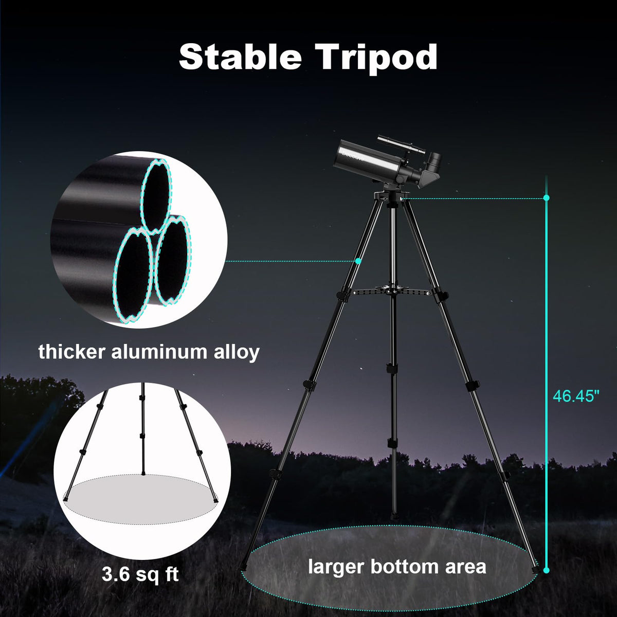 HOROX reinforced aluminum tripod provides stable support for steady viewing.