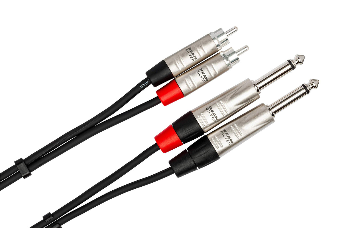 Closeup of Hosa HPR-010X2 dual REAN 1-4 inch TS to RCA connectors for clear stereo.