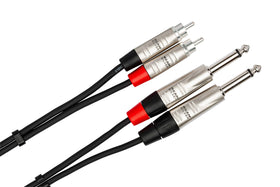 Closeup of Hosa HPR-010X2 dual REAN 1-4 inch TS to RCA connectors for clear stereo.