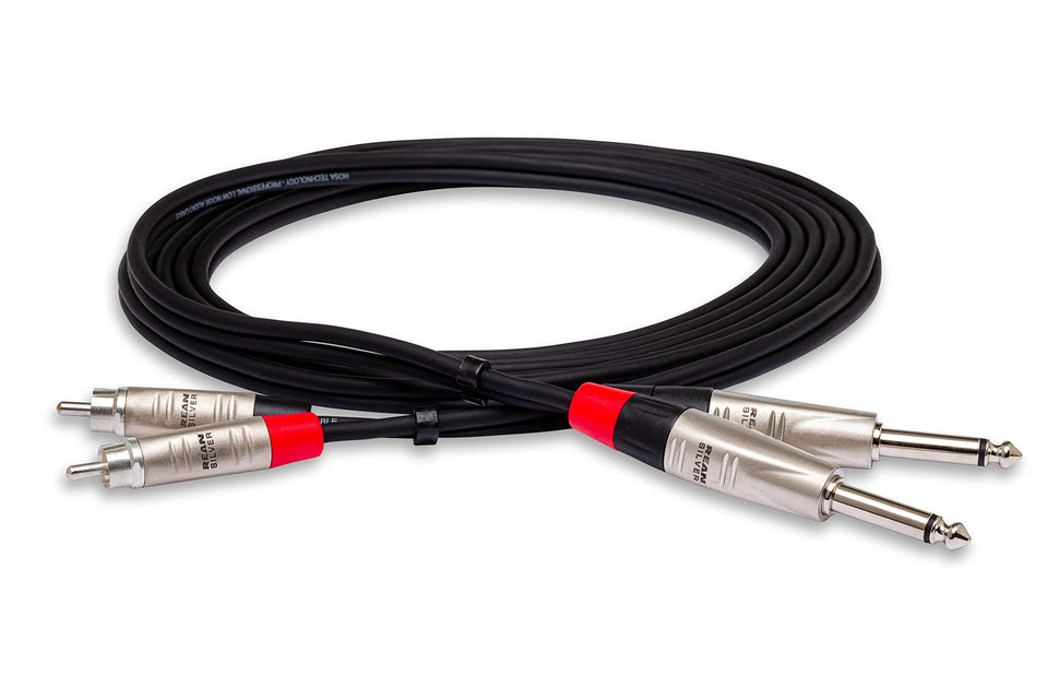 Hosa HPR-010X2 pro interconnect with dual 1-4 inch TS to RCA connectors for reliable stage links.