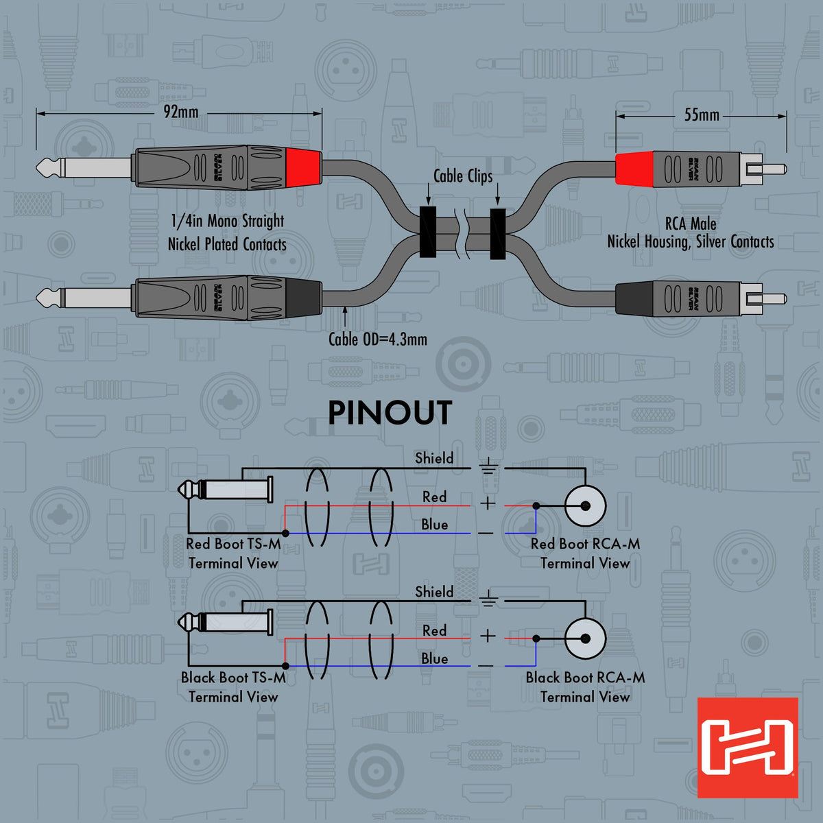Ten-foot Hosa HPR-010X2 cable length suitable for stage and home use.