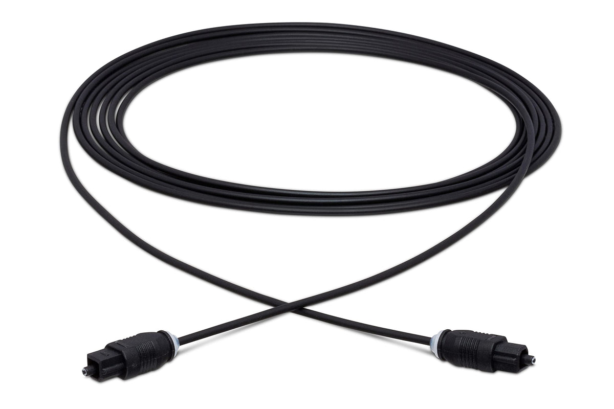Hosa OPT-103 front view showing Toslink connectors and neat plug benefit