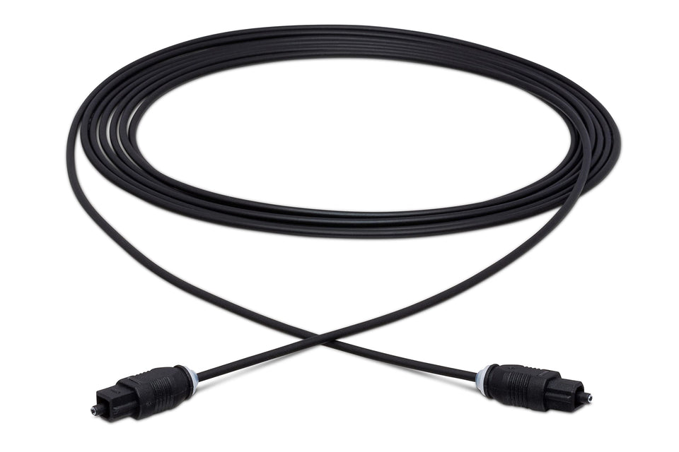 Hosa OPT-103 front view showing Toslink connectors and neat plug benefit