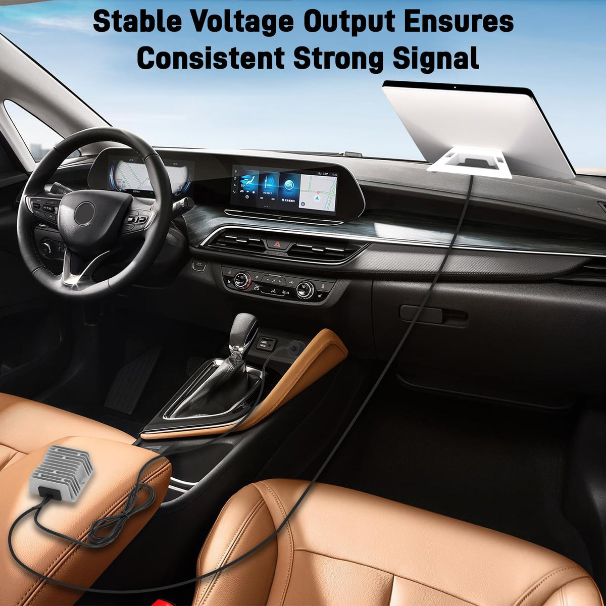 Hosile installed in RV dashboard showing reliable onboard Starlink power benefit