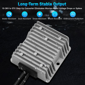 Hosile step-up converter closeup showing ports and safe 57V regulated output