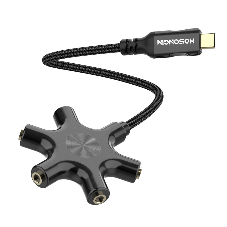 HOSONGIN front view showing five headphone ports and USB-C plug for shared listening