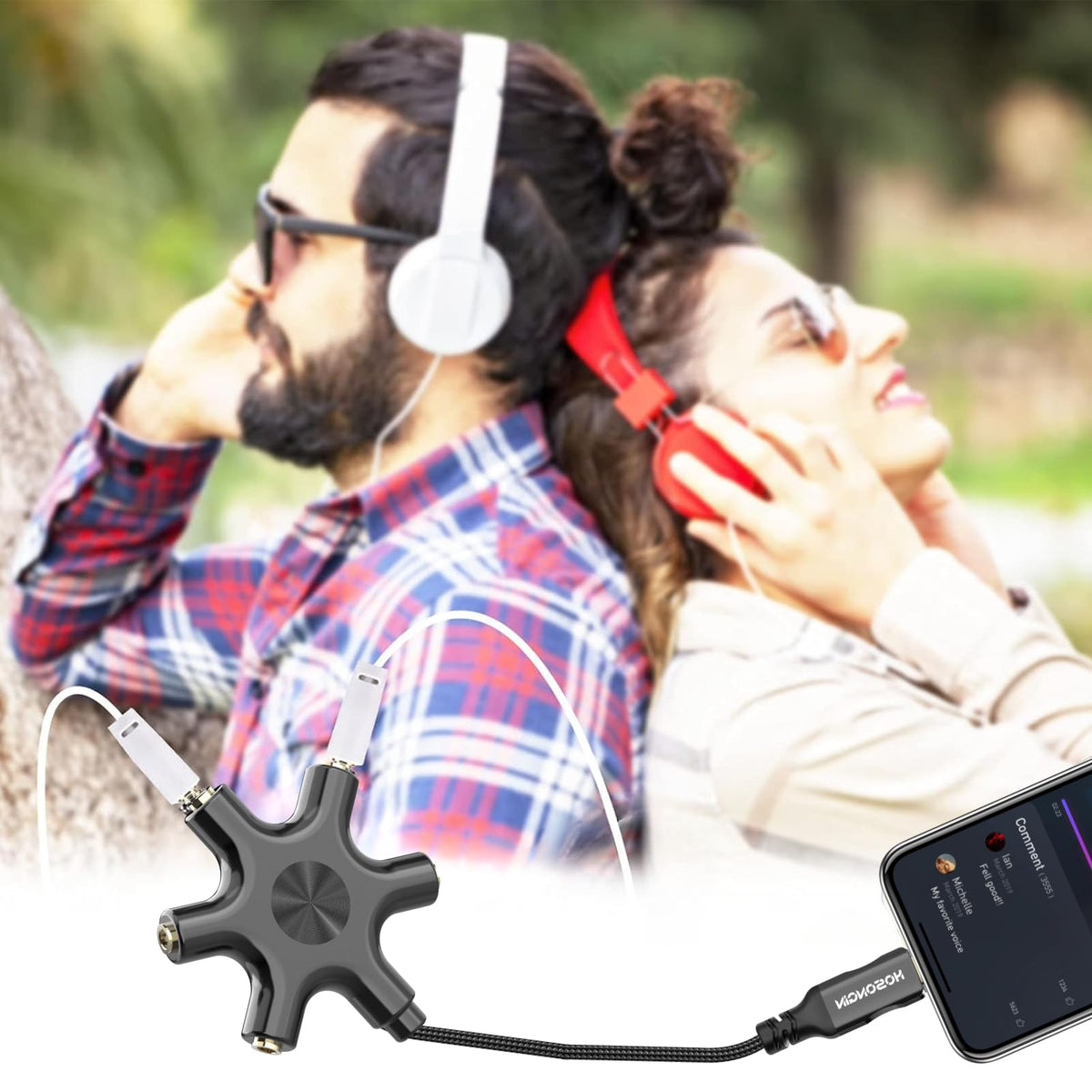 HOSONGIN in a roadtrip scene with friends sharing music for better group enjoyment