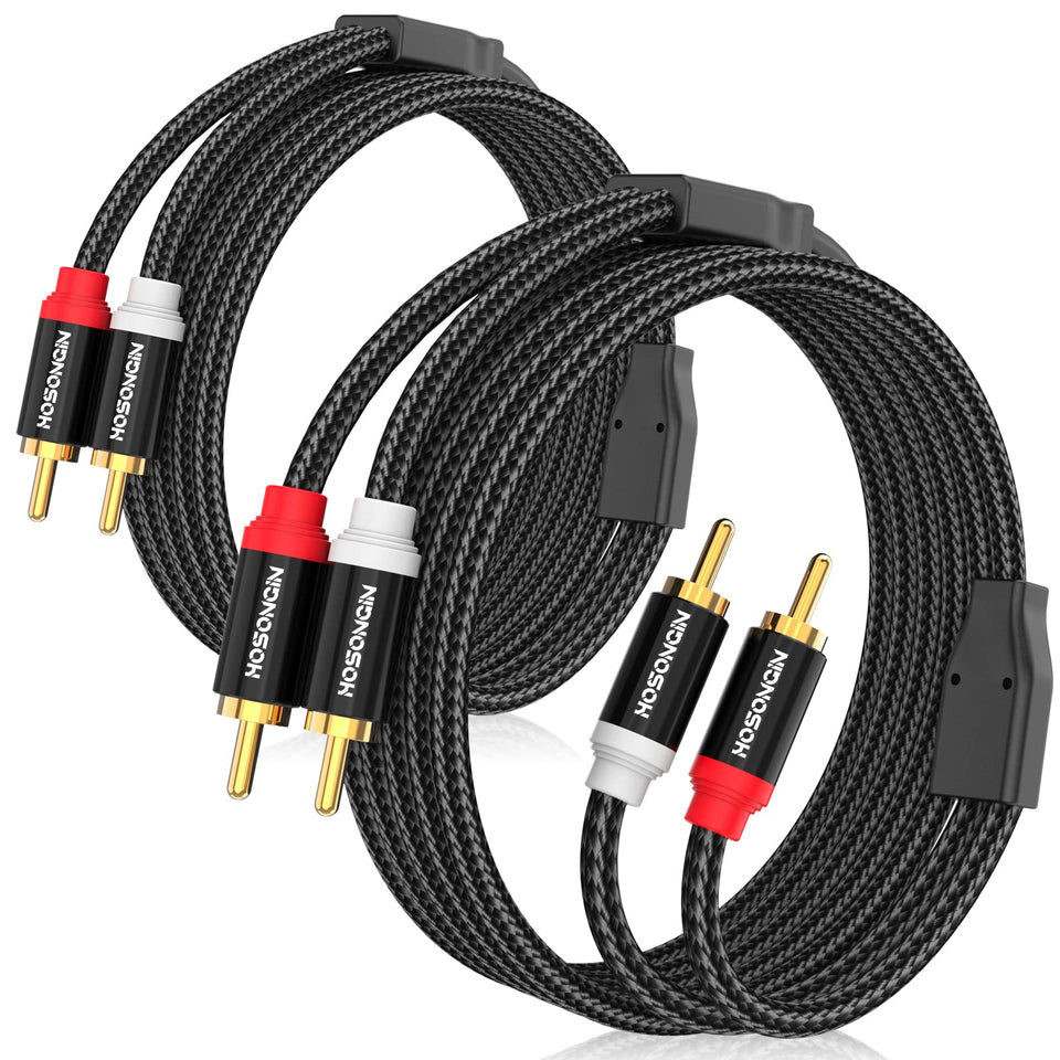 HOSONGIN front view of two-pack RCA cables showing connectors and braided jacket benefit: clear organization