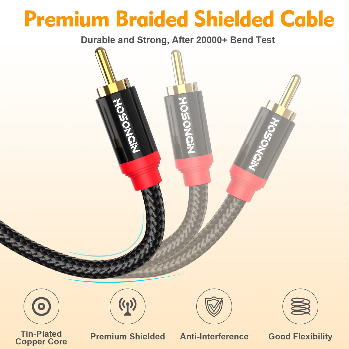HOSONGIN cable plugged into amplifier demonstrating secure connection and reduced audio noise