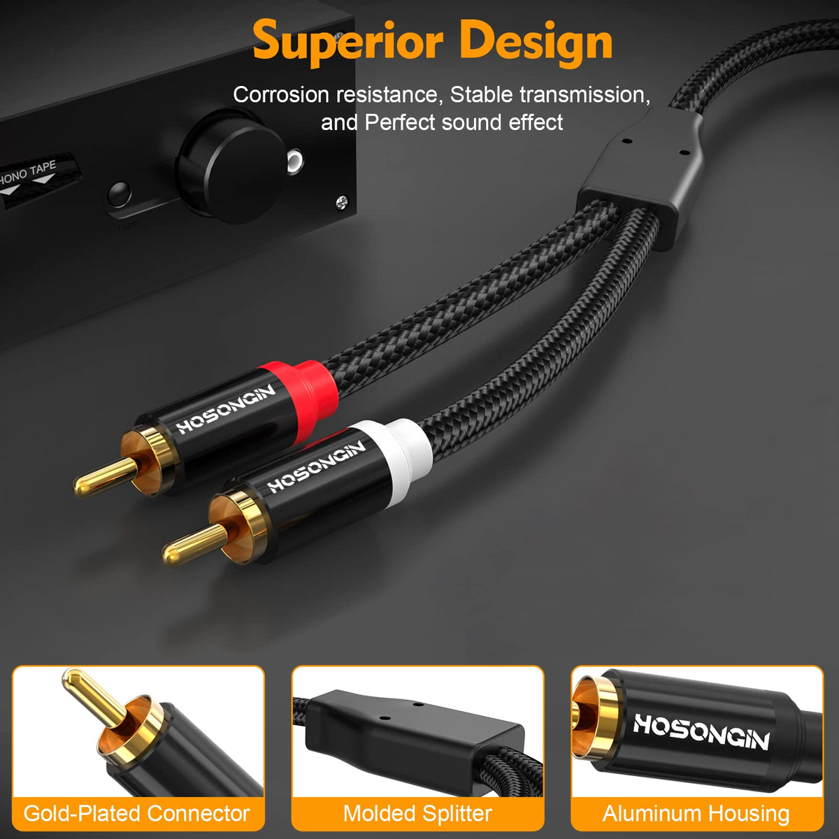 HOSONGIN cable connected to subwoofer showing proper hookup and improved low-frequency signal