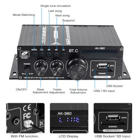 Hosyond AK-380 back ports displaying Bluetooth, AUX, USB, and SD card readers.