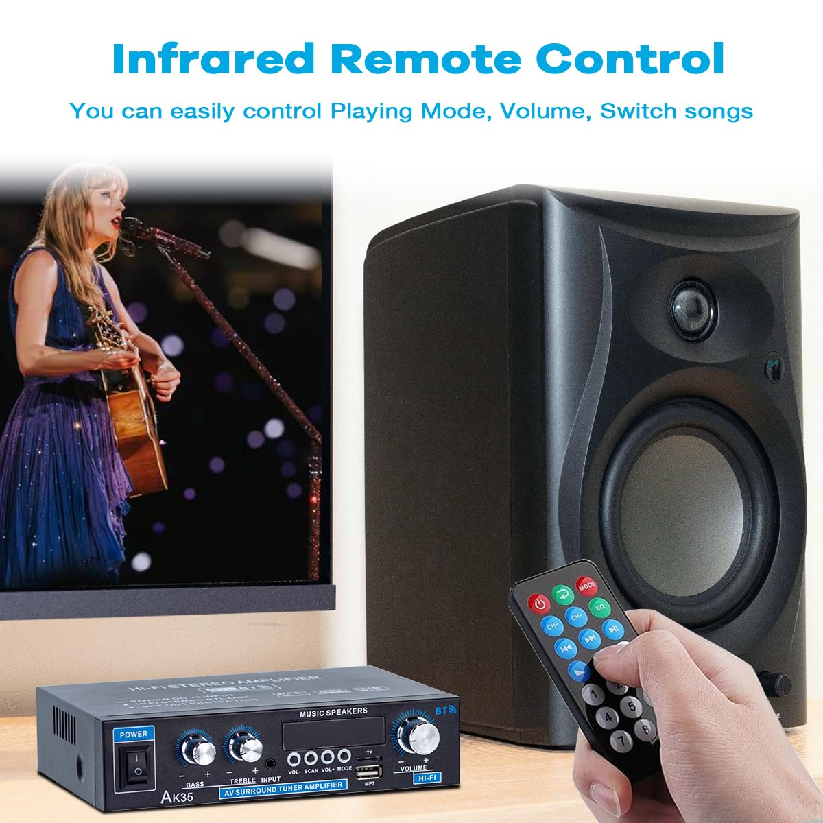 Bass and treble controls with remote for easy tuning.