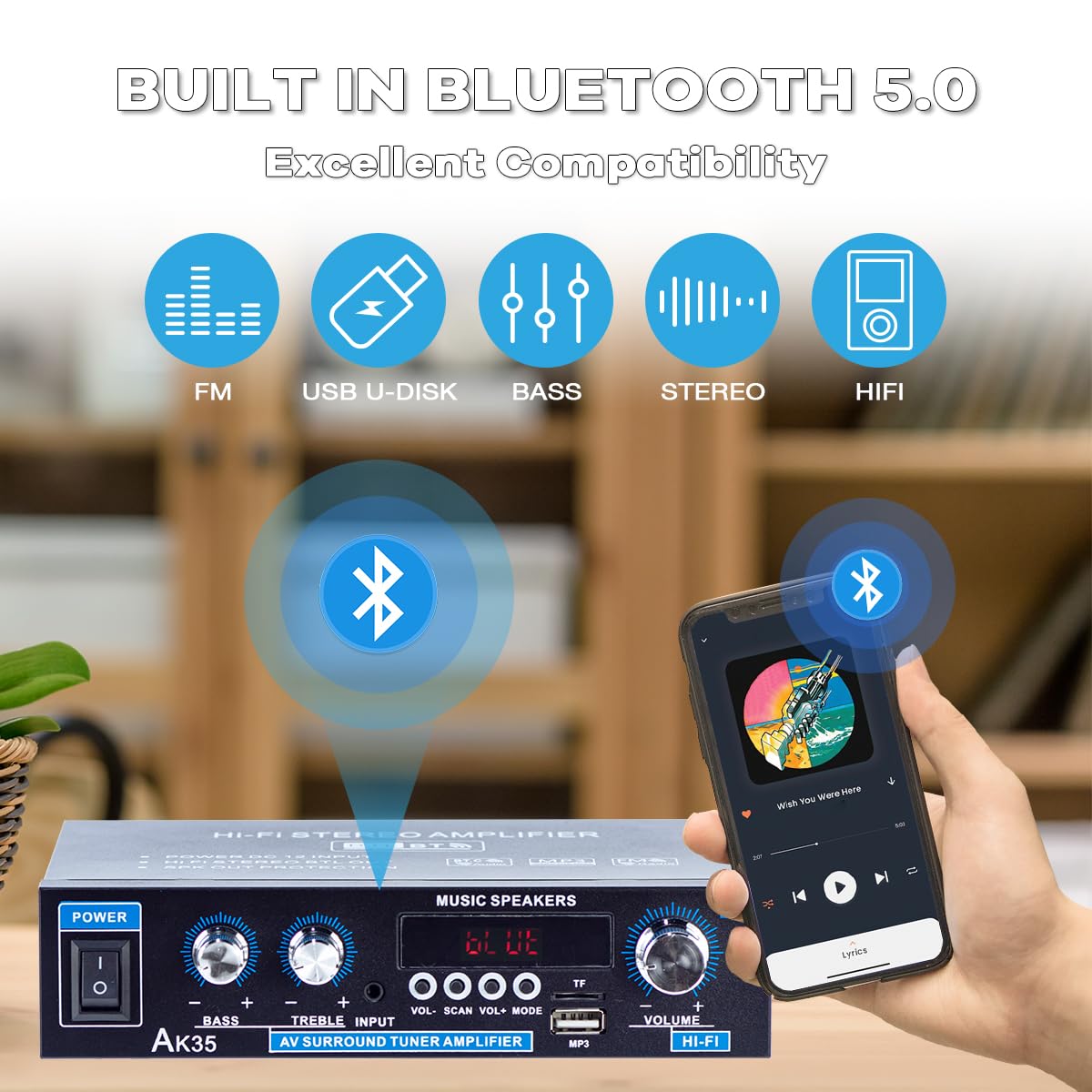 Bluetooth 5.0 connection for wireless playback from devices.