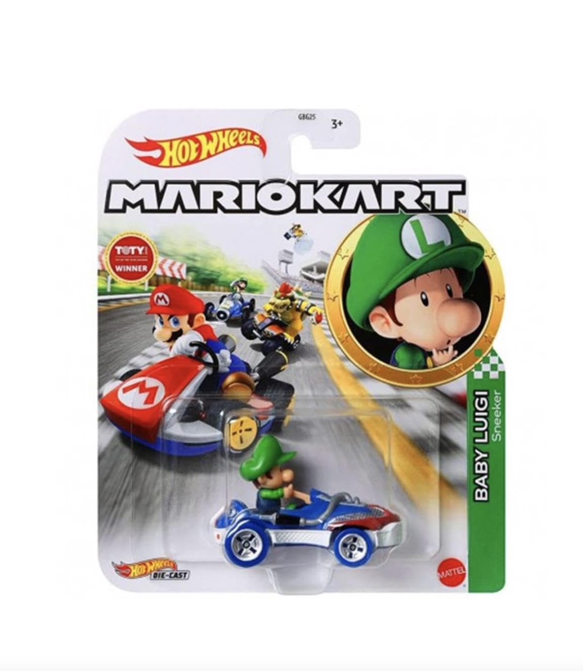 Hot Wheels Mario Kart Baby Luigi Sneeker side view; perfect for collection and display.