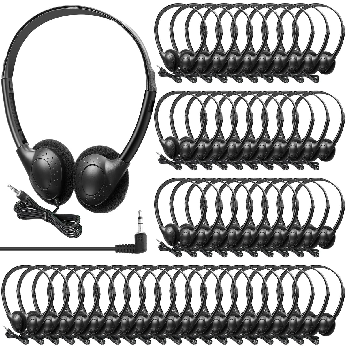 Hoteam 100-pack headphones in box, hygienic packaging for classroom distribution.
