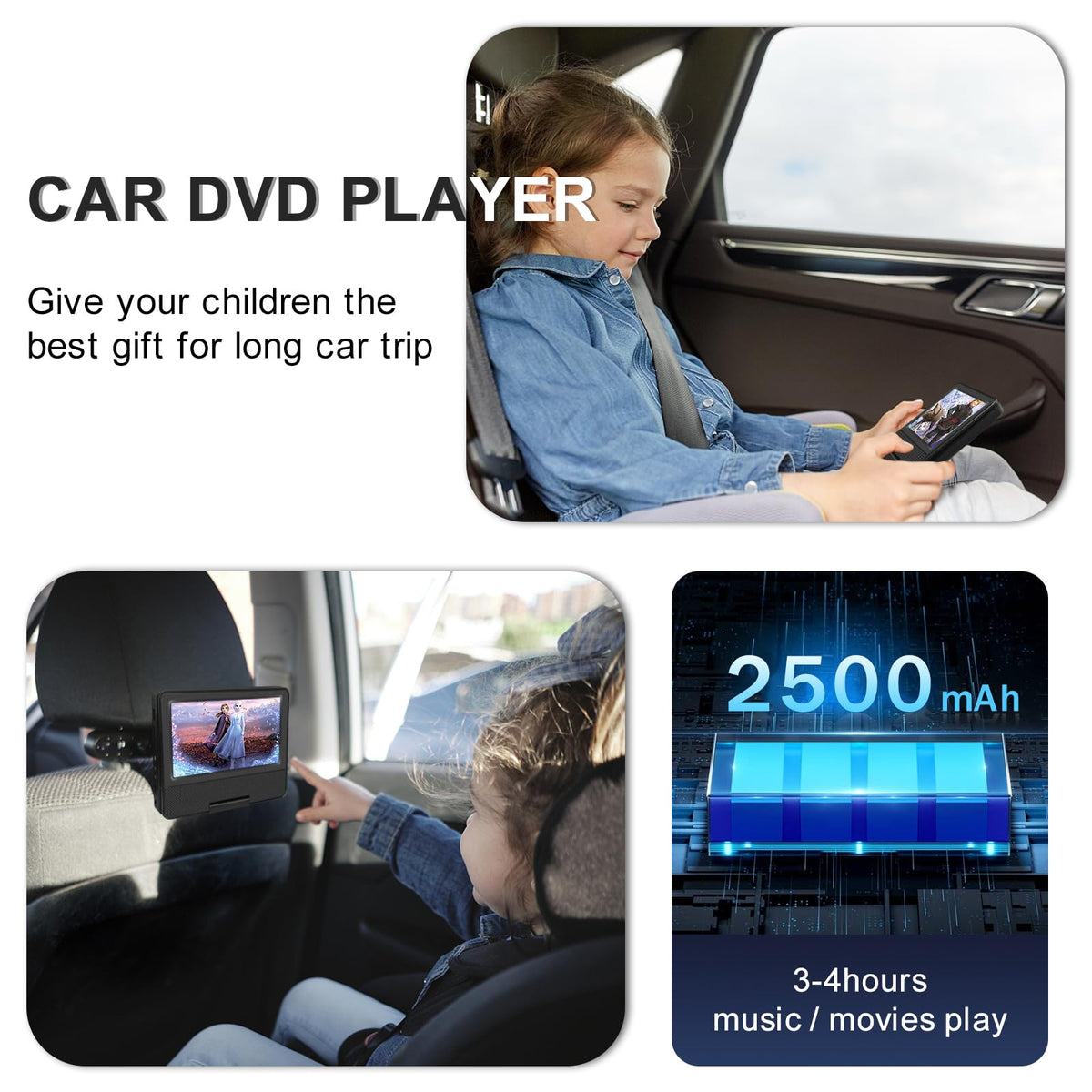 HotHat mounted in car headrest showing family-friendly entertainment on the road