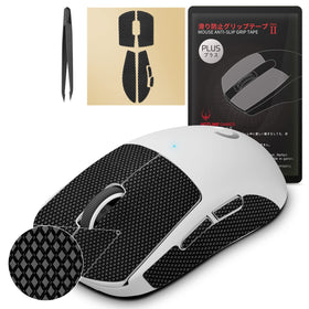 HOTLINEGAMES 2.0 Plus grip tape applied to a gaming mouse for improved control.